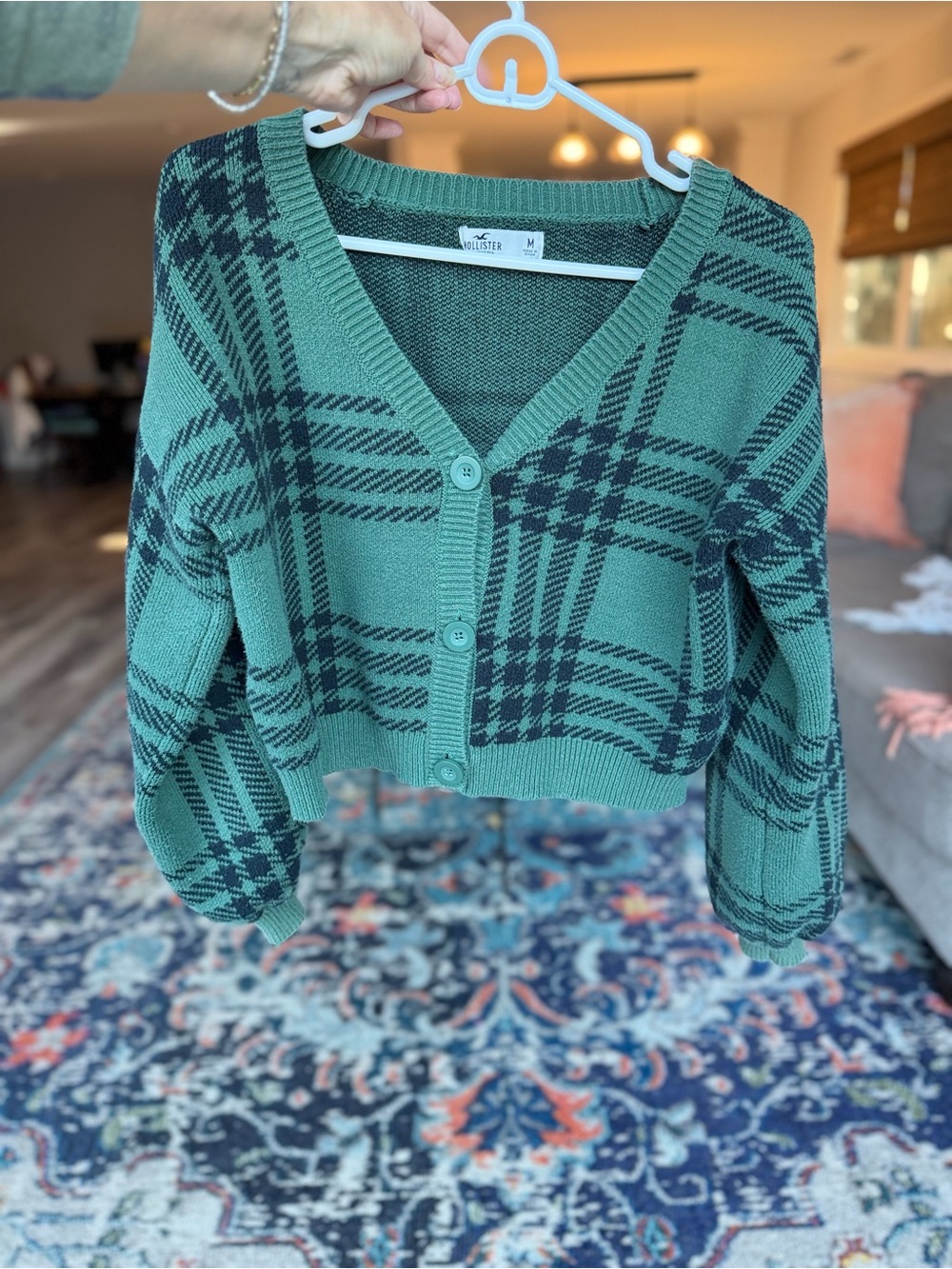 Hollister Green Plaid Cropped V-Neck Cardigan Sweater